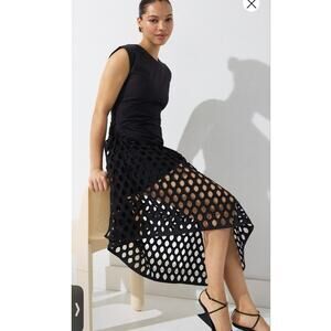 DIOTIMA Black Sleeveless Openwork Mesh Overlay Asymmetrical Midi Dress sz XS